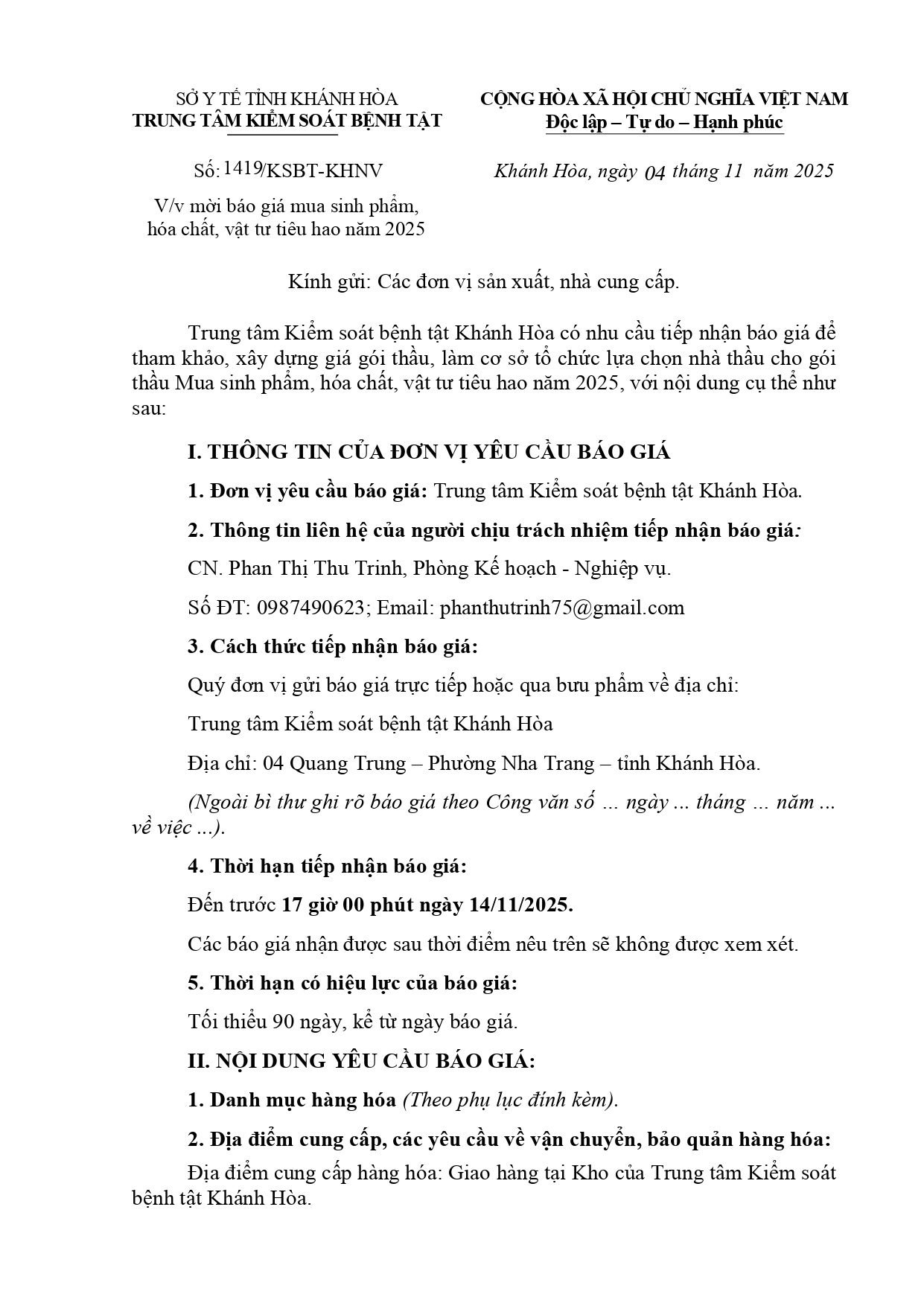 V/v mời báo giá mua sinh phẩm, hóa chất, vật tư tiêu hao năm 2025